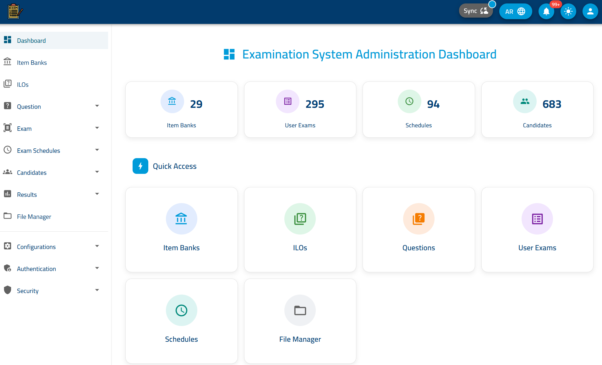 Examination System Administration Dashboard with item banks, schedules and candidate stats