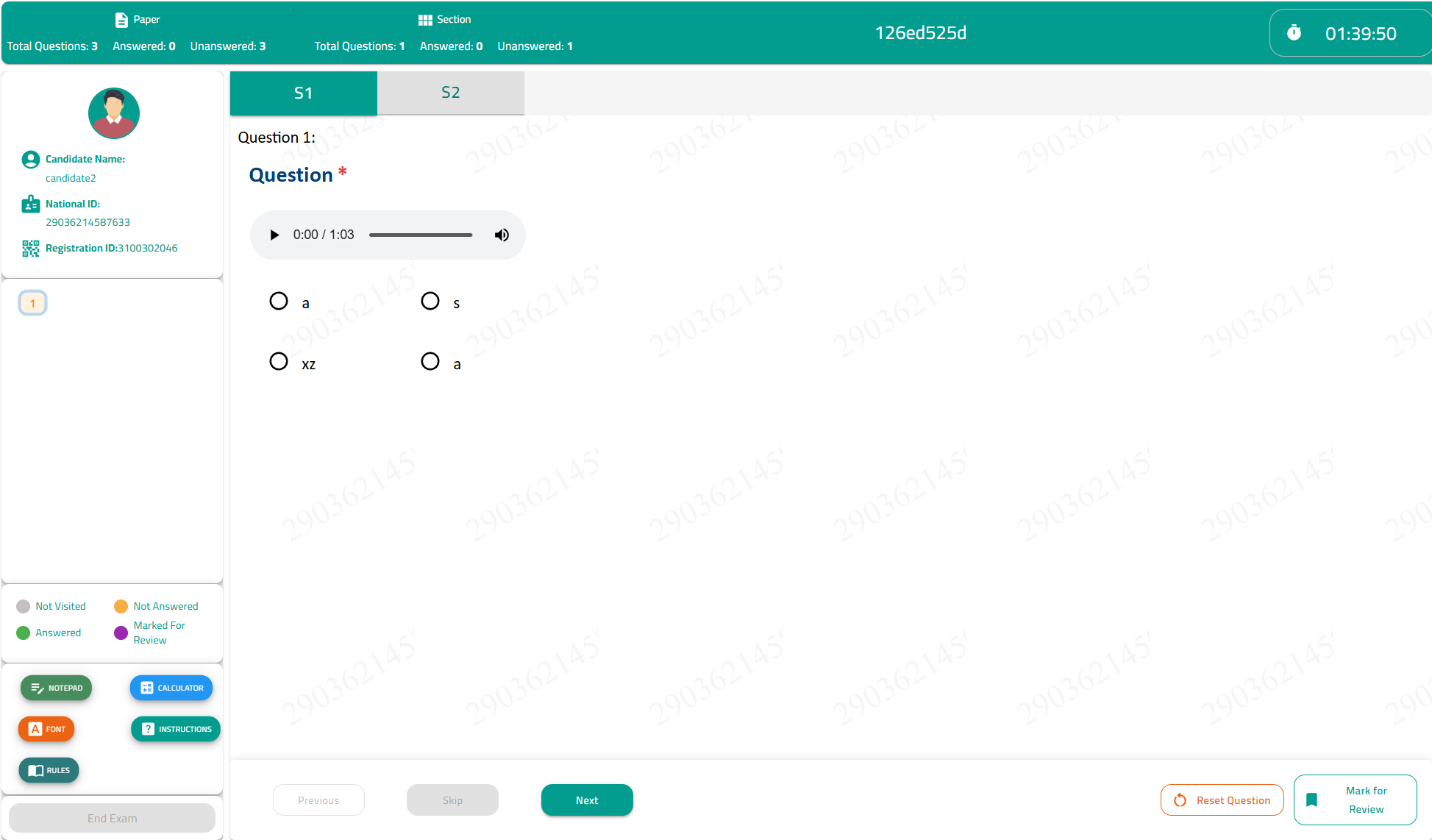 Candidate exam screen with timer, question navigation and multi-choice questions